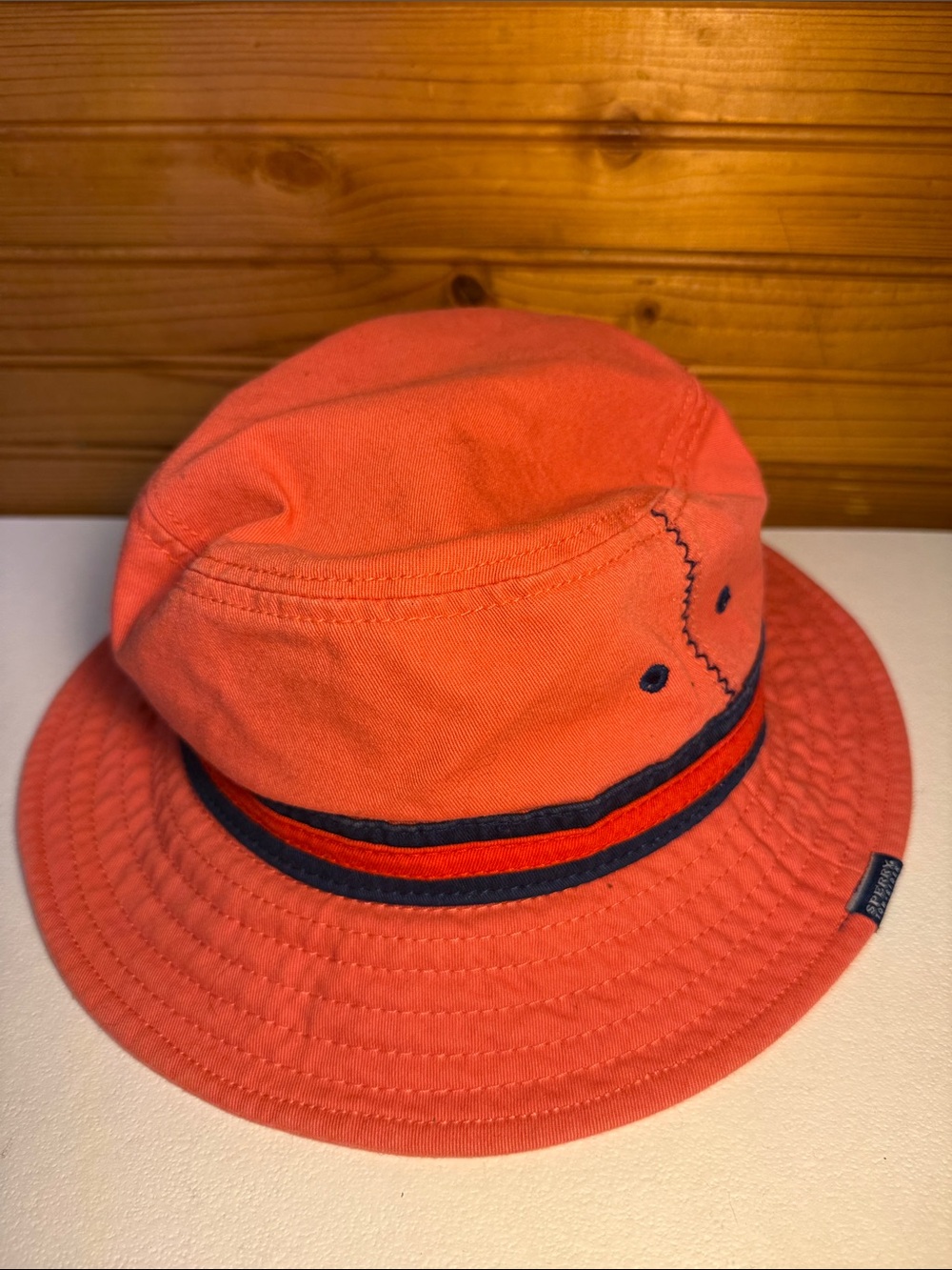Sperry Coral Bucket Hat with Navy Stripe